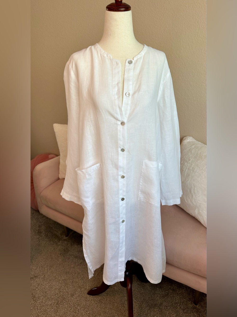 Eileen Fisher 100% Organic Linen Duster Long Button Cardigan White PS Coastal